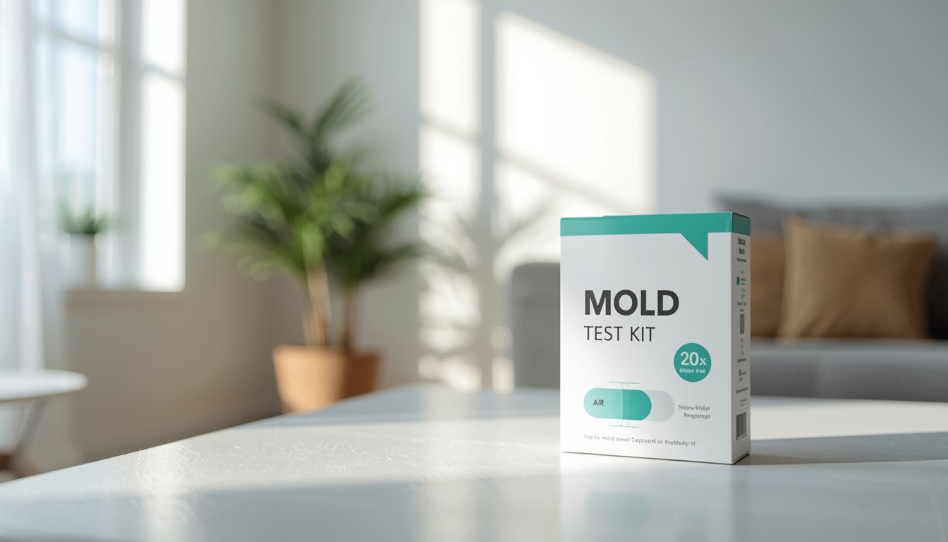 Mold test kit placed on a table in a home environment ready for air testing
