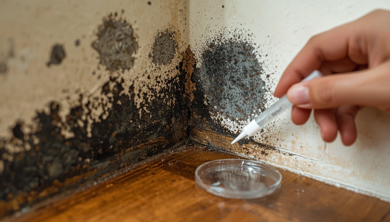 Testing a dark mold patch on a wall using a home mold test kit