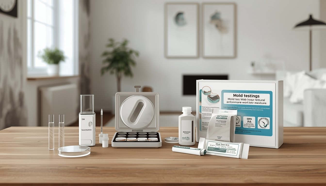 Different types of mold test kits for home use including petri dish, air sampling kit and surface test