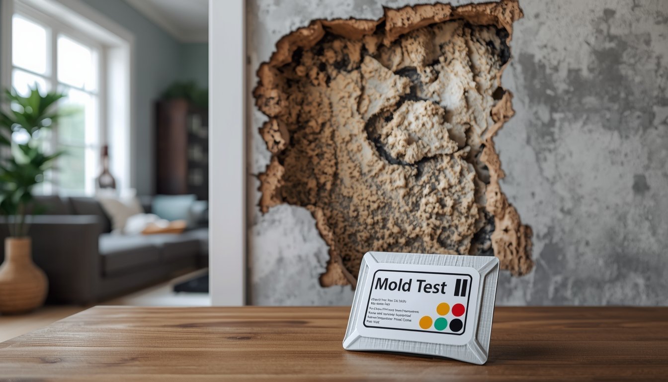 Mold test kit in foreground with hidden mold behind wall showing detection limitations