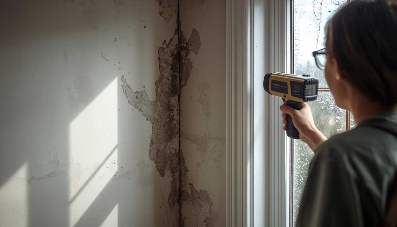 Person visually inspecting a wall and window for mold without using a test kit