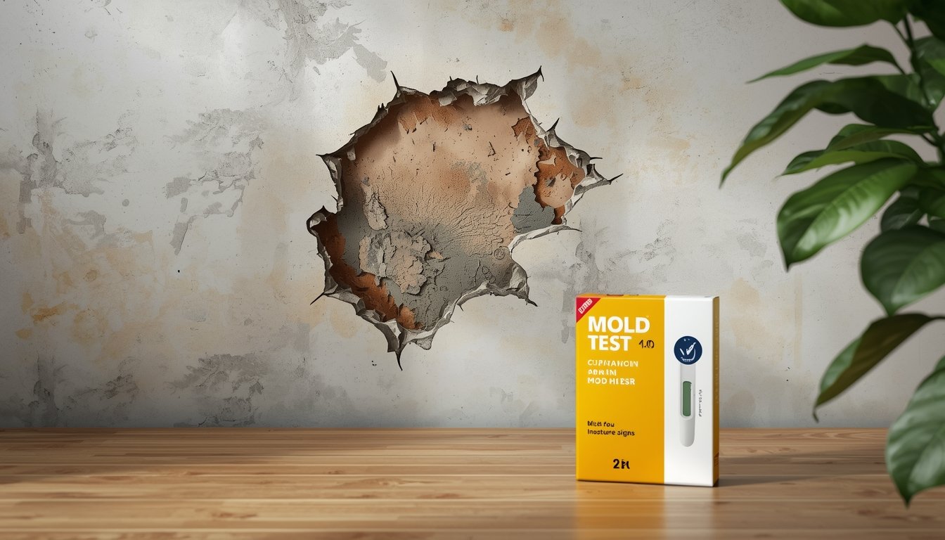 Illustration showing hidden mold behind a wall compared to a visible mold test kit in a home