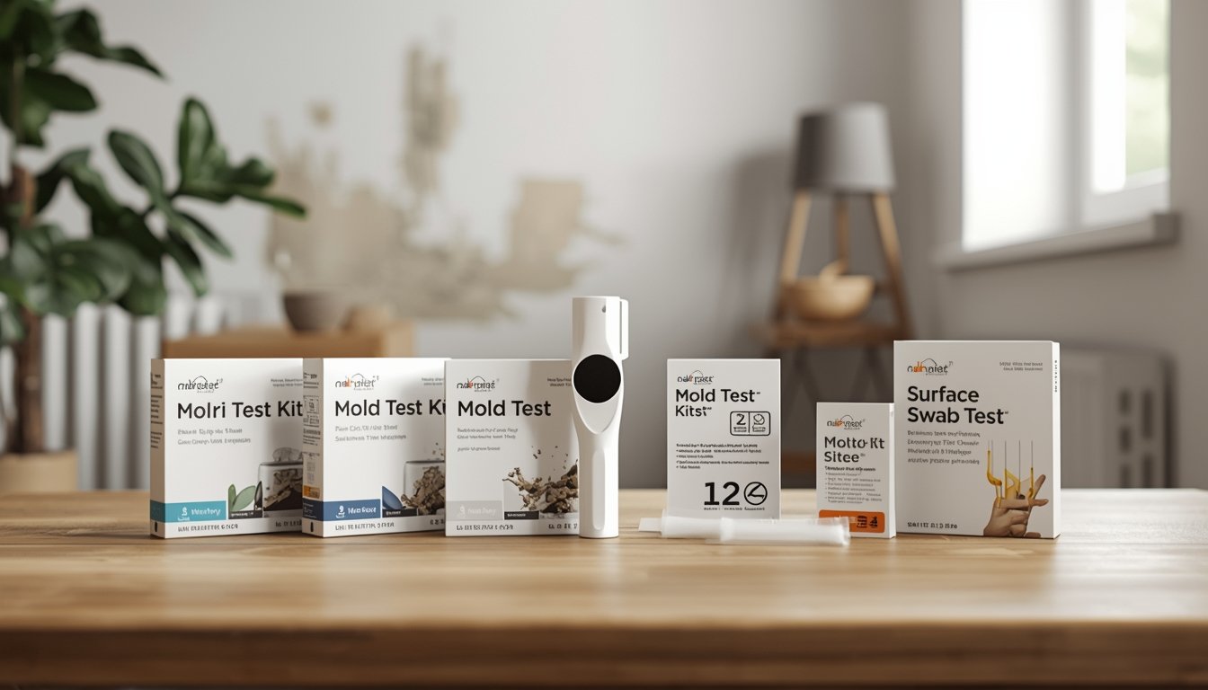 Comparison of different mold test kits for home use including air sampling, petri dish and surface test kits