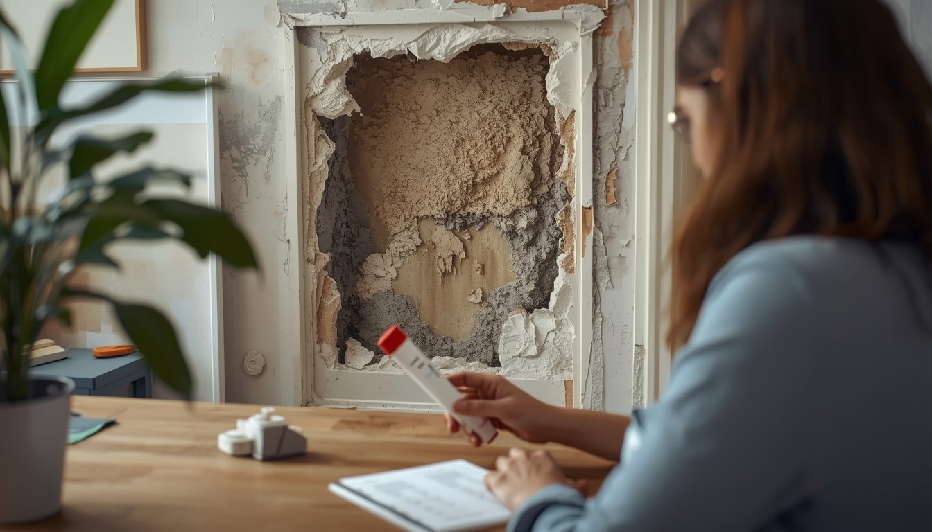 Mold test result being reviewed while hidden mold problem exists behind wall