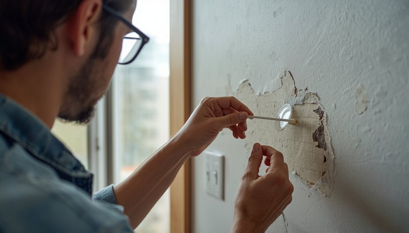 Homeowner using a mold test kit to check a wall for mold indoors