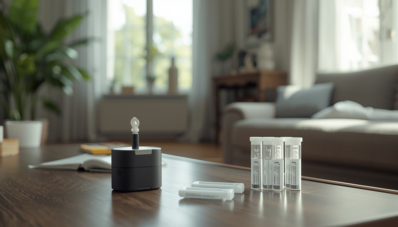 Air sampling mold test kit being used indoors to test air quality in a home
