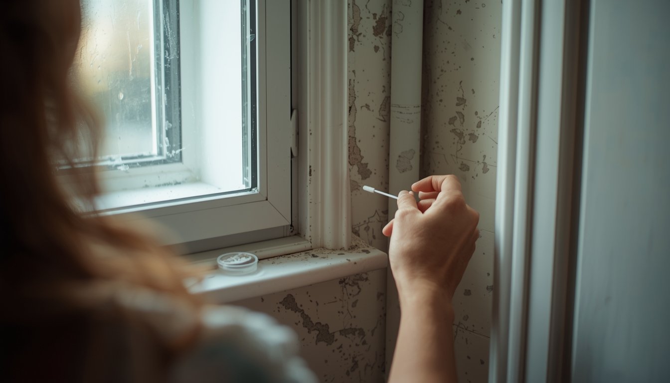Using a rapid mold test kit to quickly check a wall for mold at home